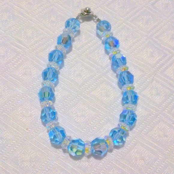 Blue Faceted Glass Crystal Beaded Bracelet 8 Inch - Picture 1 of 4